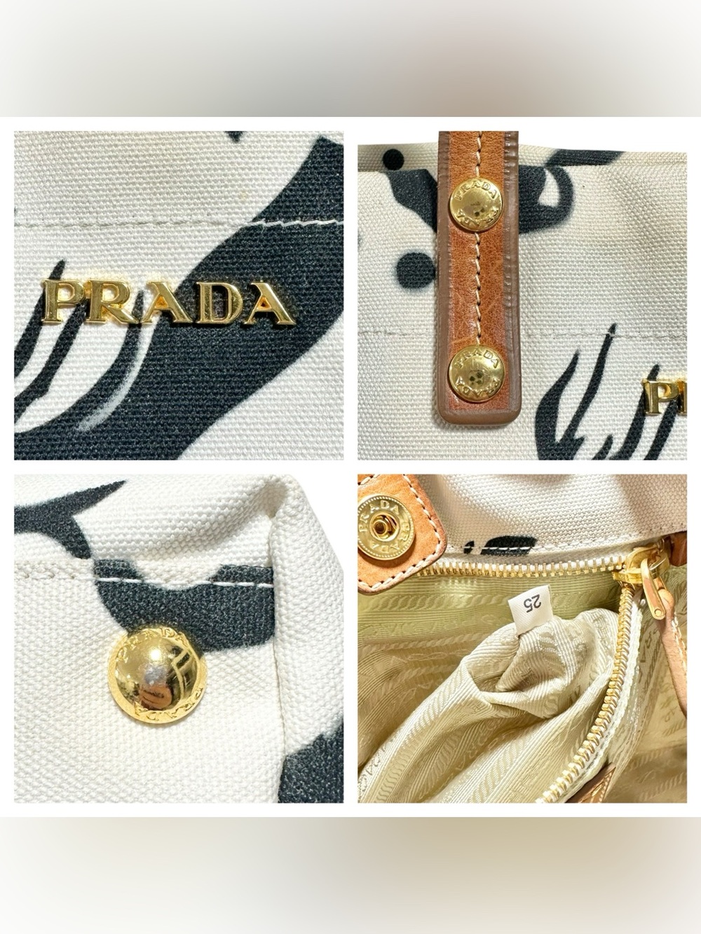Prada White & Black Mermaid Stampata Canapa & Leather Bow Stampada Bag - Picture 10 of 15